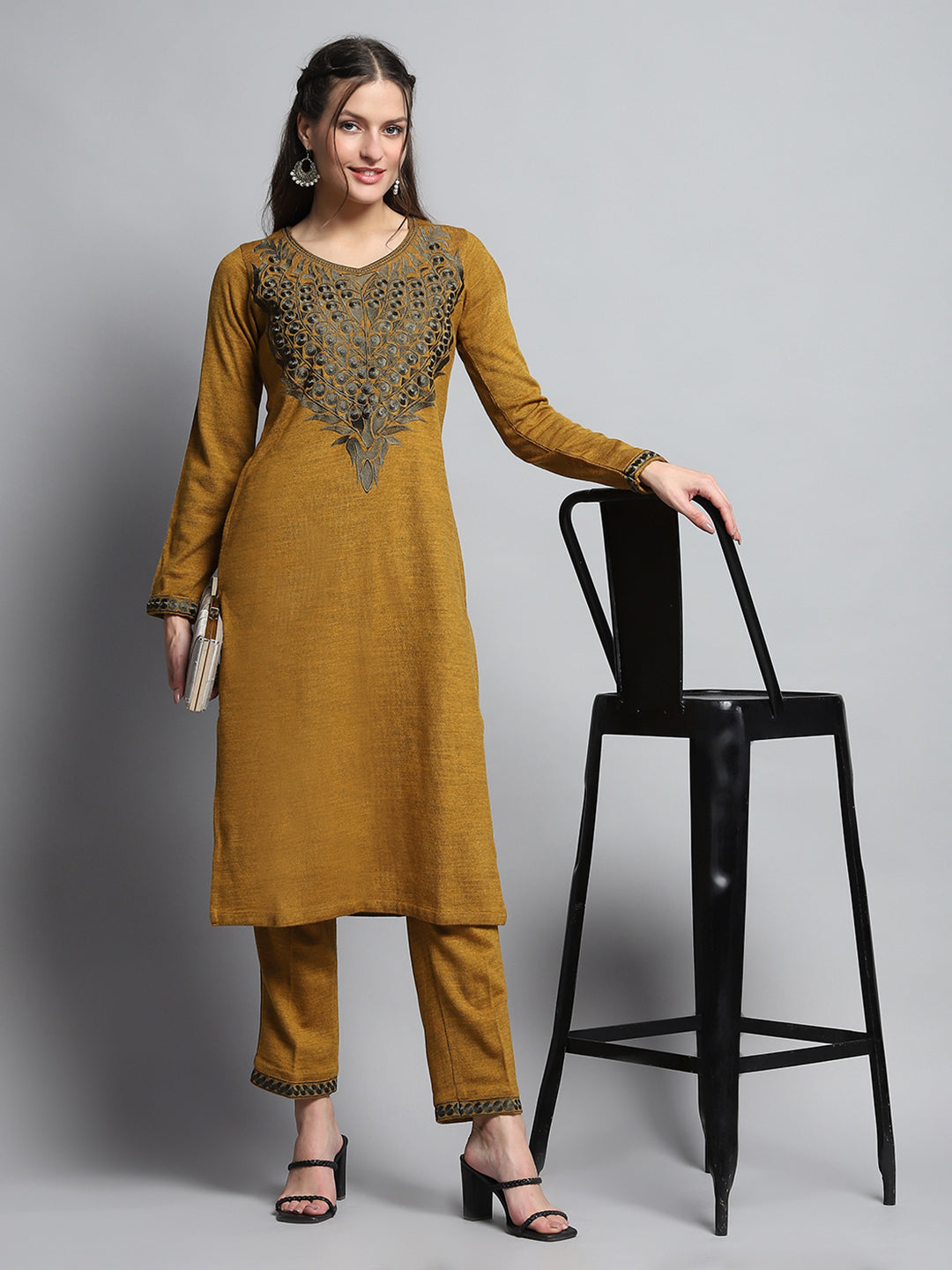 Women Mustard Self Design Round Neck Full Sleeve Kurti Set for Winter