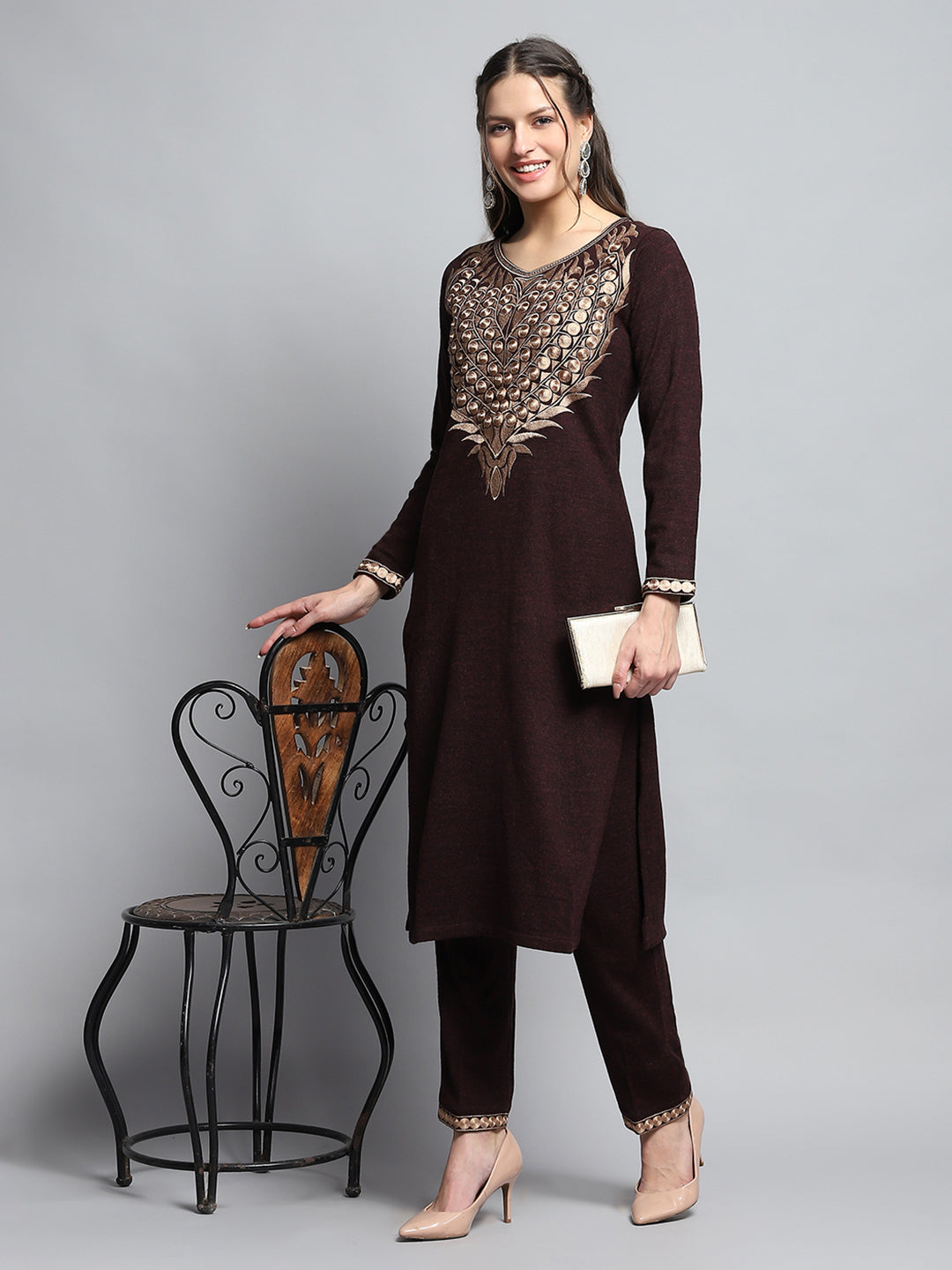 Women Maroon Self Design Round Neck Full Sleeve Kurti Set for Winter