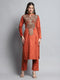 Women Rust Self Design Round Neck Full Sleeve Kurti Set for Winter