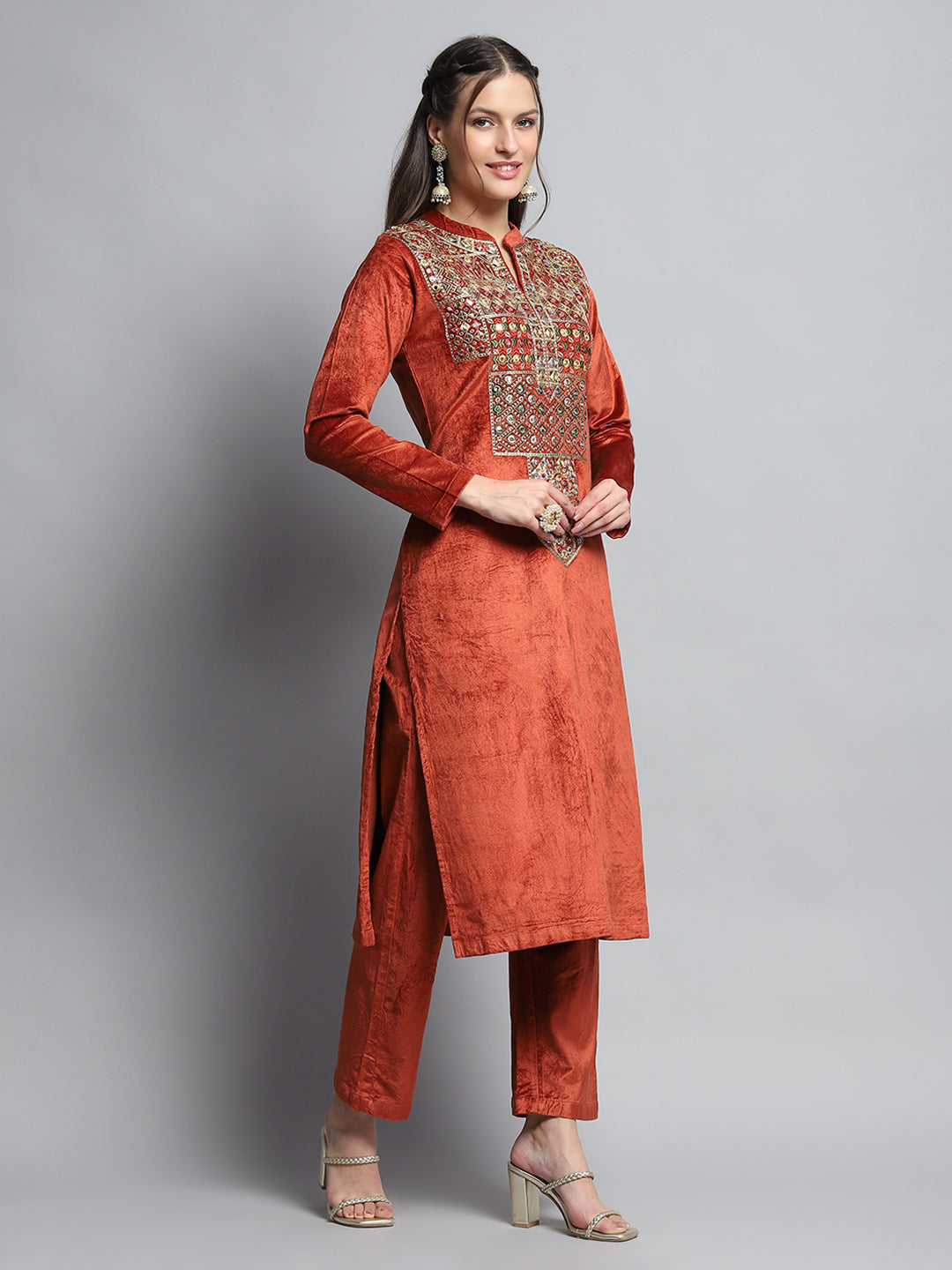 Women Rust Self Design Round Neck Full Sleeve Kurti Set for Winter