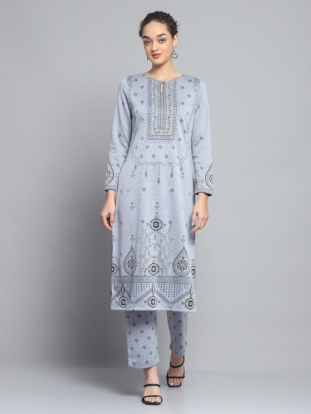 Women Blue Self Design Round Neck Full Sleeve Kurti Set for Winter