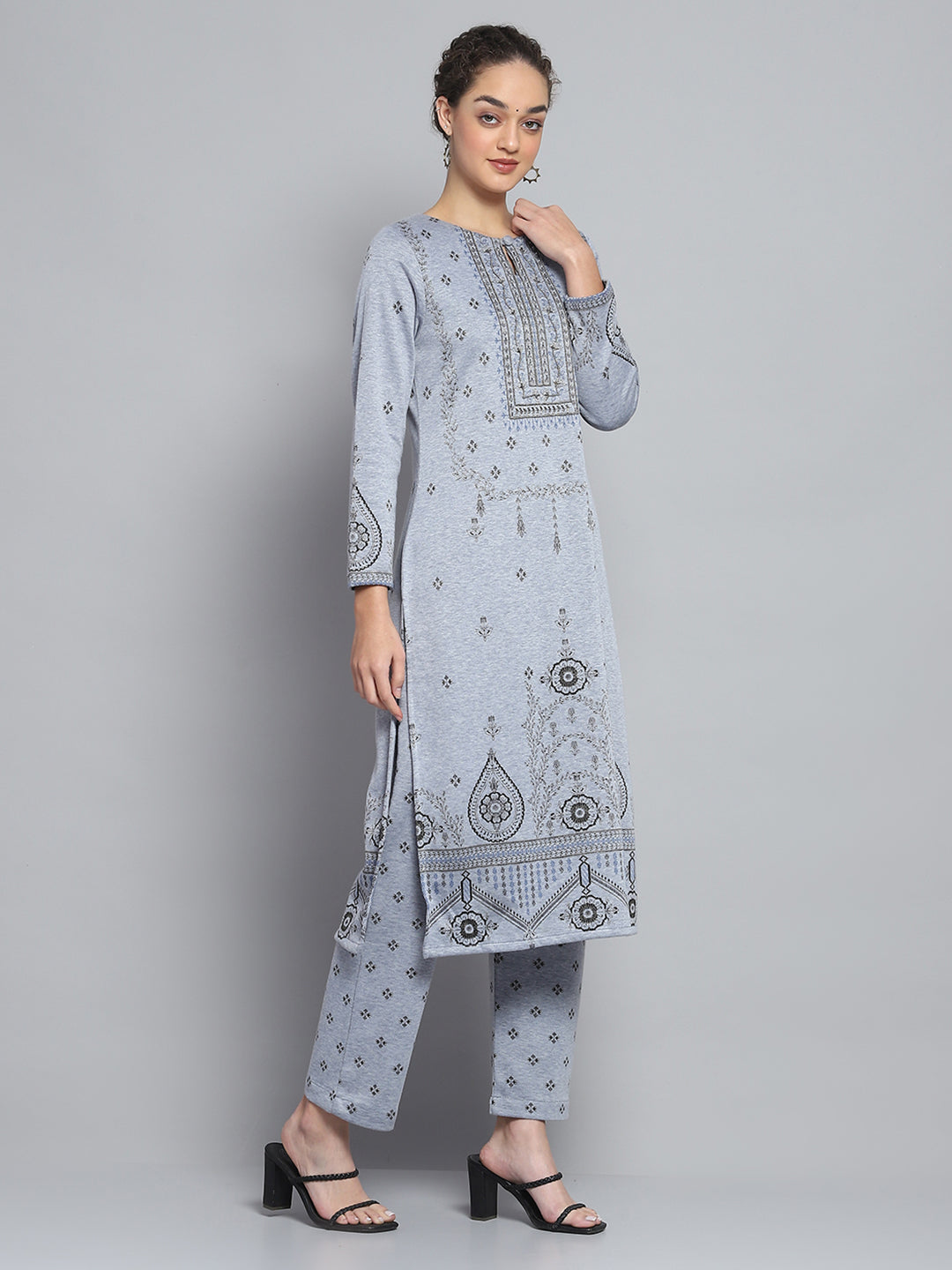 Women Blue Self Design Round Neck Full Sleeve Kurti Set for Winter