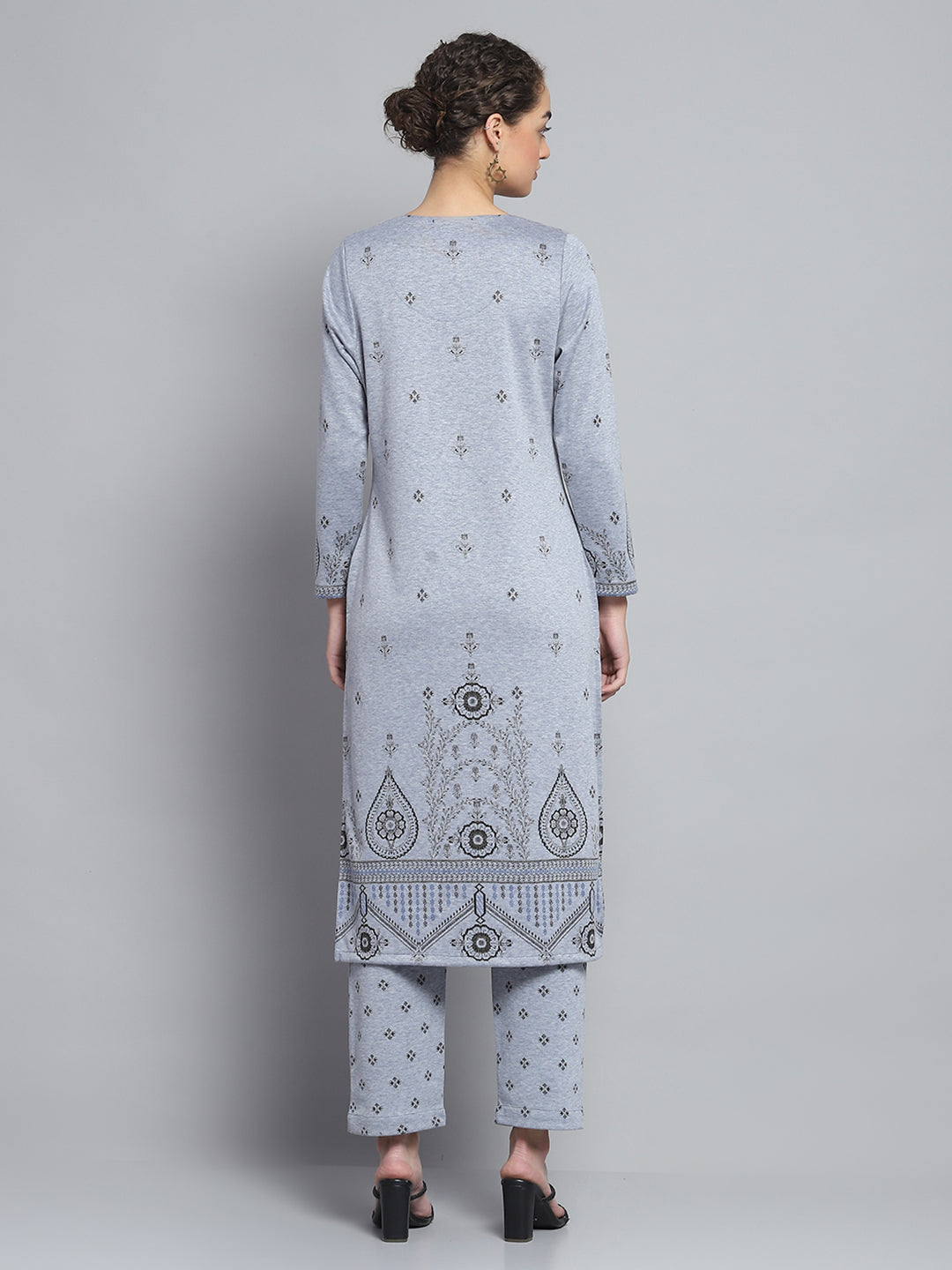 Women Blue Self Design Round Neck Full Sleeve Kurti Set for Winter