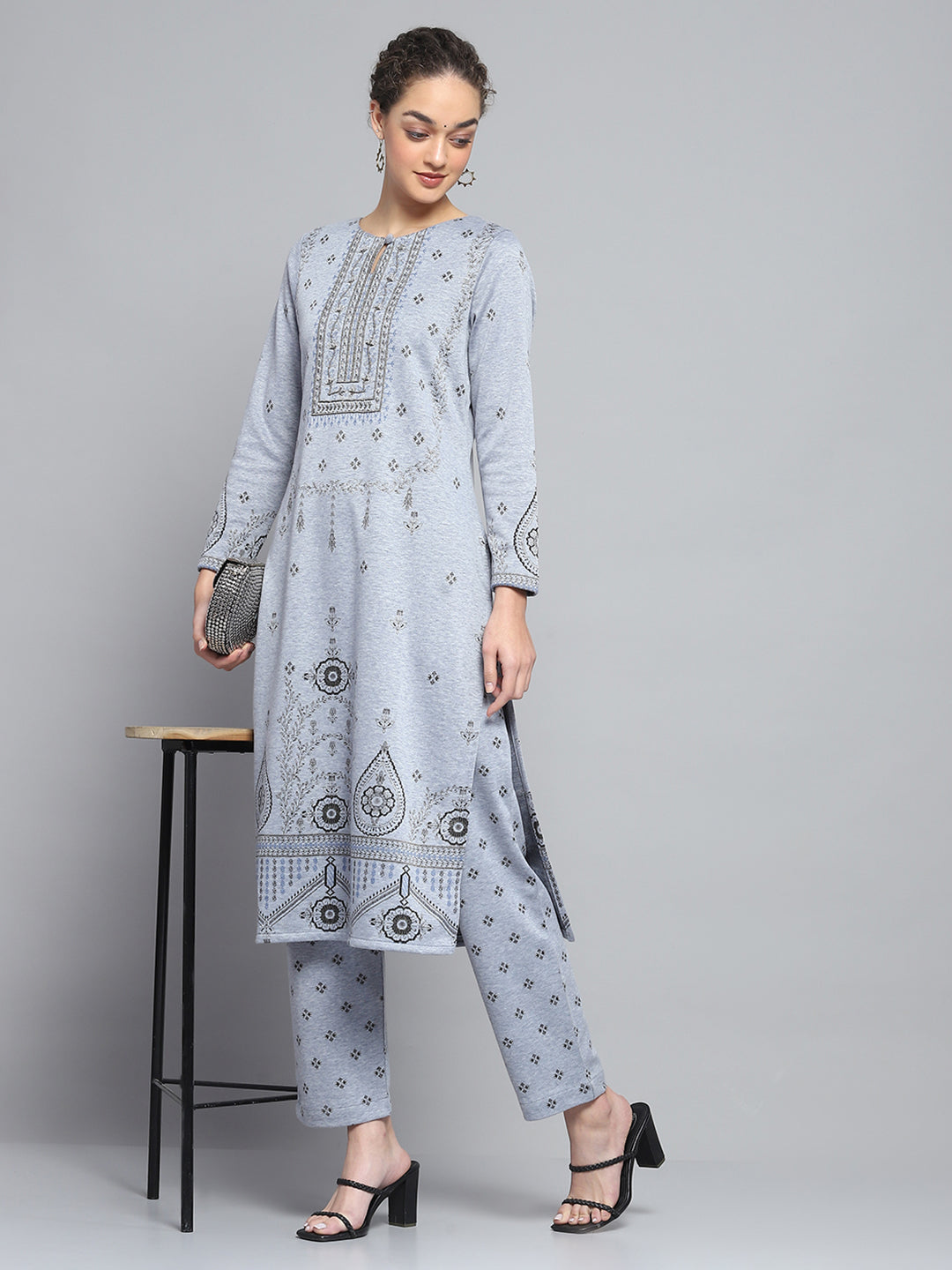 Women Blue Self Design Round Neck Full Sleeve Kurti Set for Winter