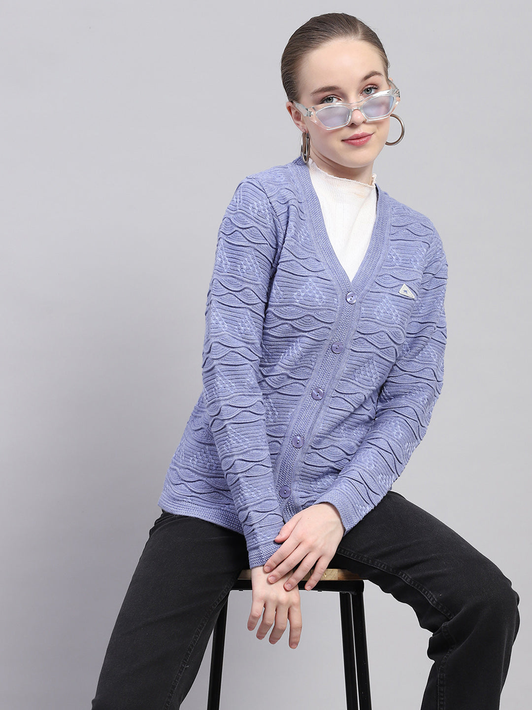 Women Purple Self Design V Neck Full Sleeve Cardigan