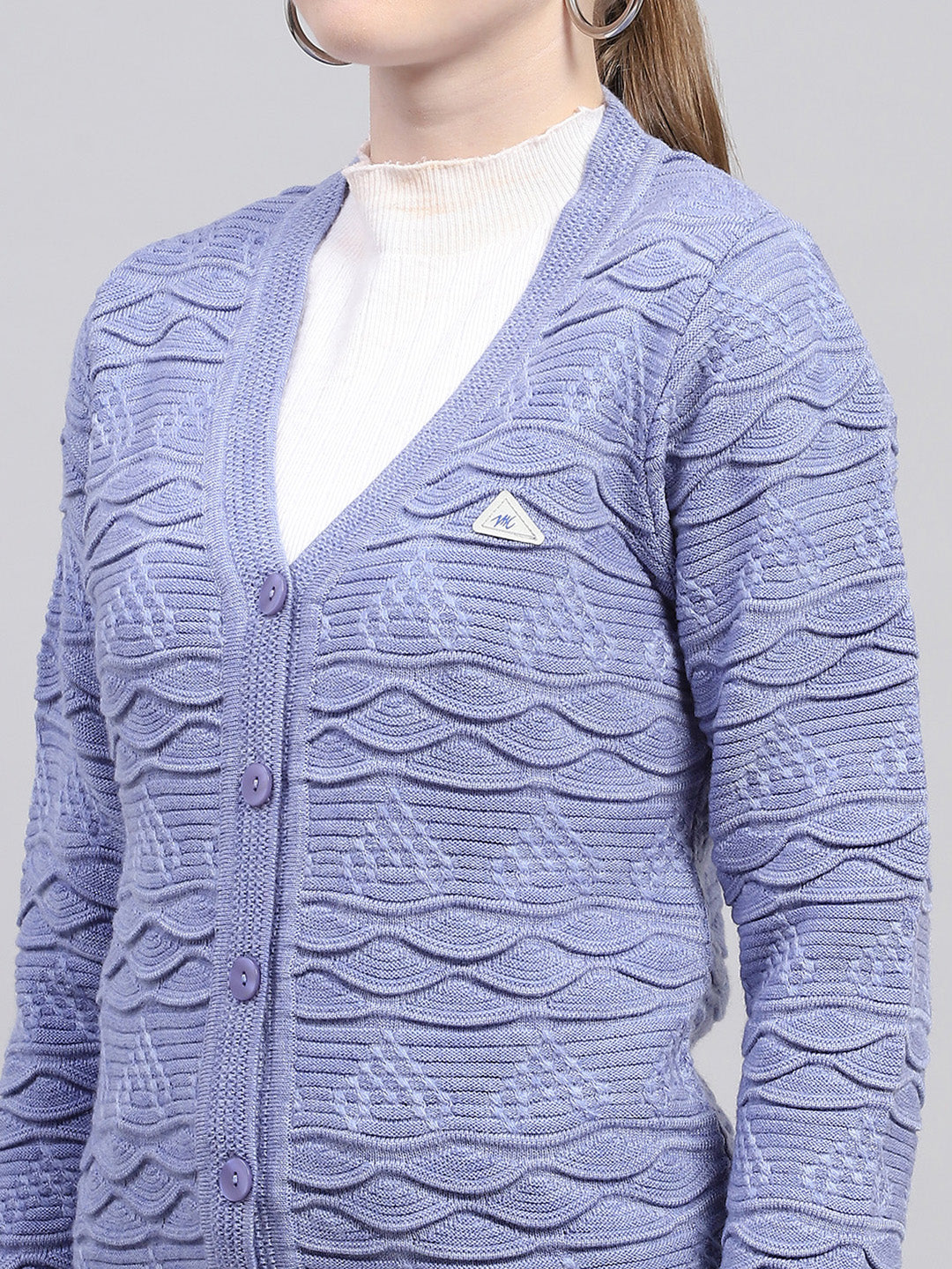 Women Purple Self Design V Neck Full Sleeve Cardigan