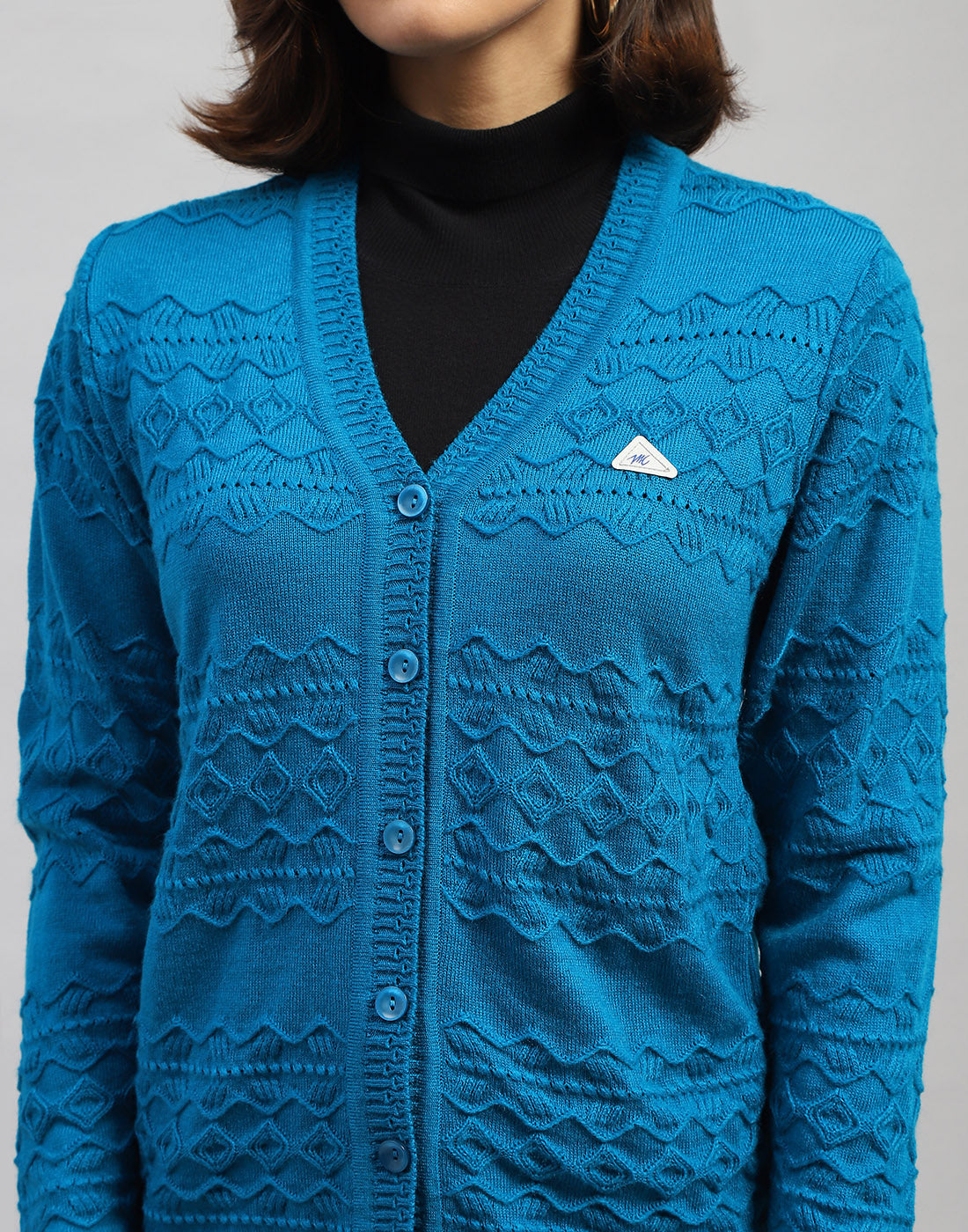 Women Blue Self Design V Neck Full Sleeve Cardigan
