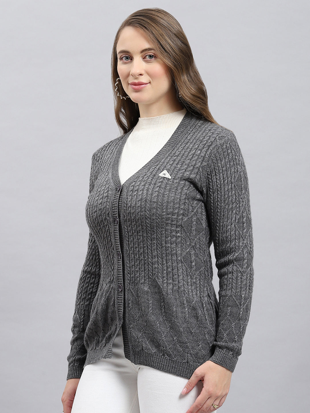 Women Grey Self Design V Neck Full Sleeve Cardigan