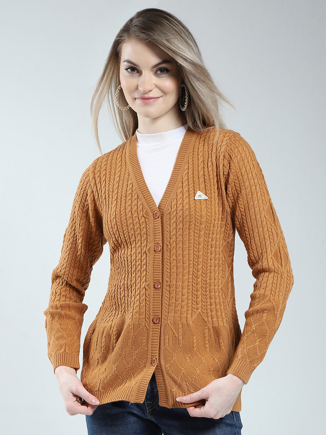 Women Mustard Self Design V Neck Full Sleeve Cardigan