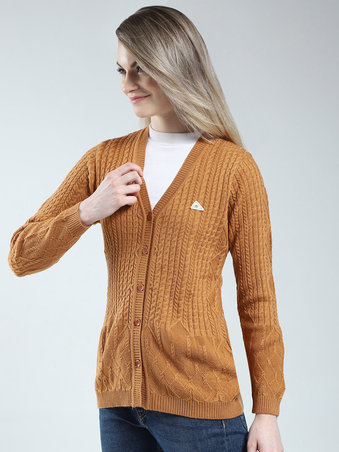 Women Mustard Self Design V Neck Full Sleeve Cardigan