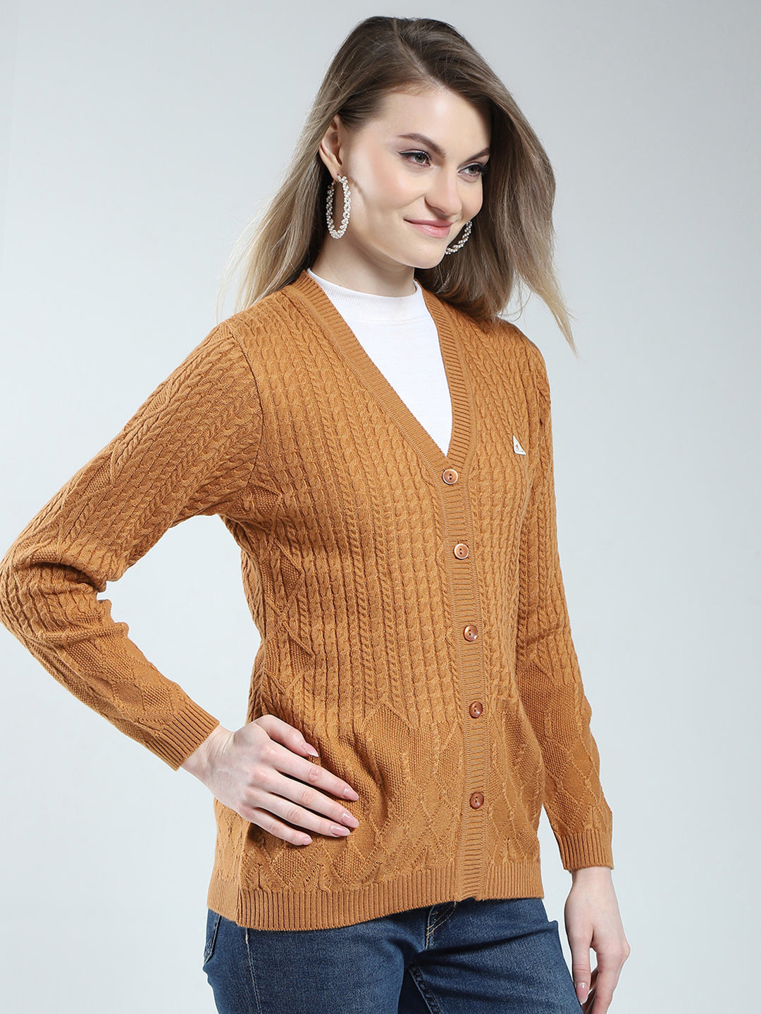 Women Mustard Self Design V Neck Full Sleeve Cardigan