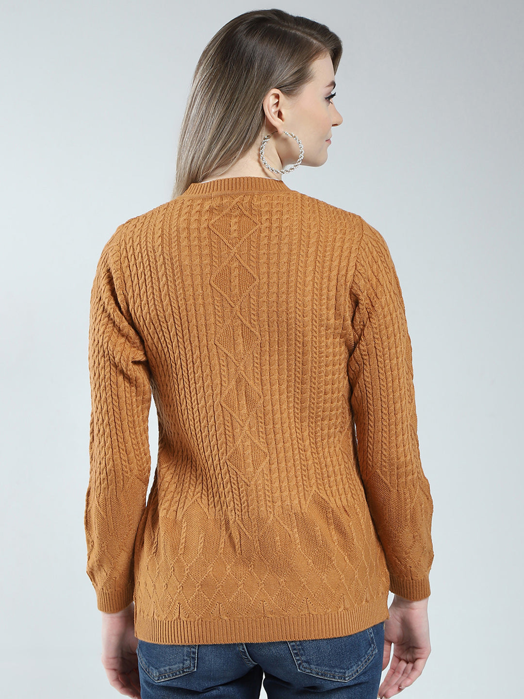 Women Mustard Self Design V Neck Full Sleeve Cardigan