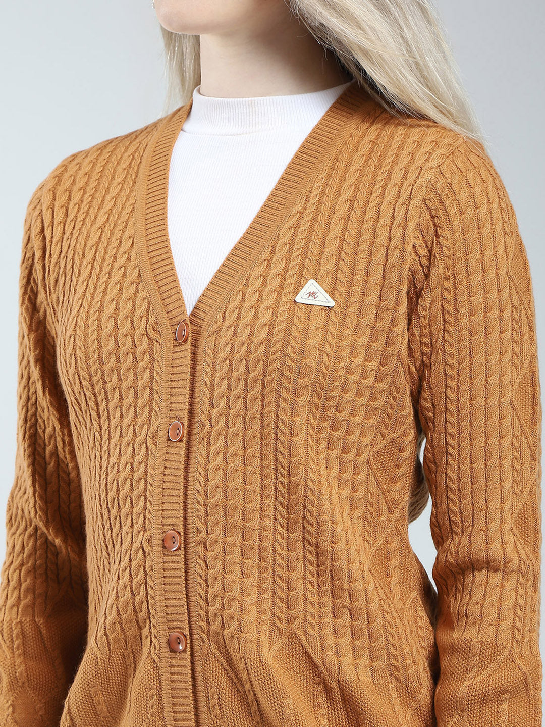 Women Mustard Self Design V Neck Full Sleeve Cardigan
