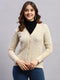 Women Beige Self Design V Neck Full Sleeve Cardigan