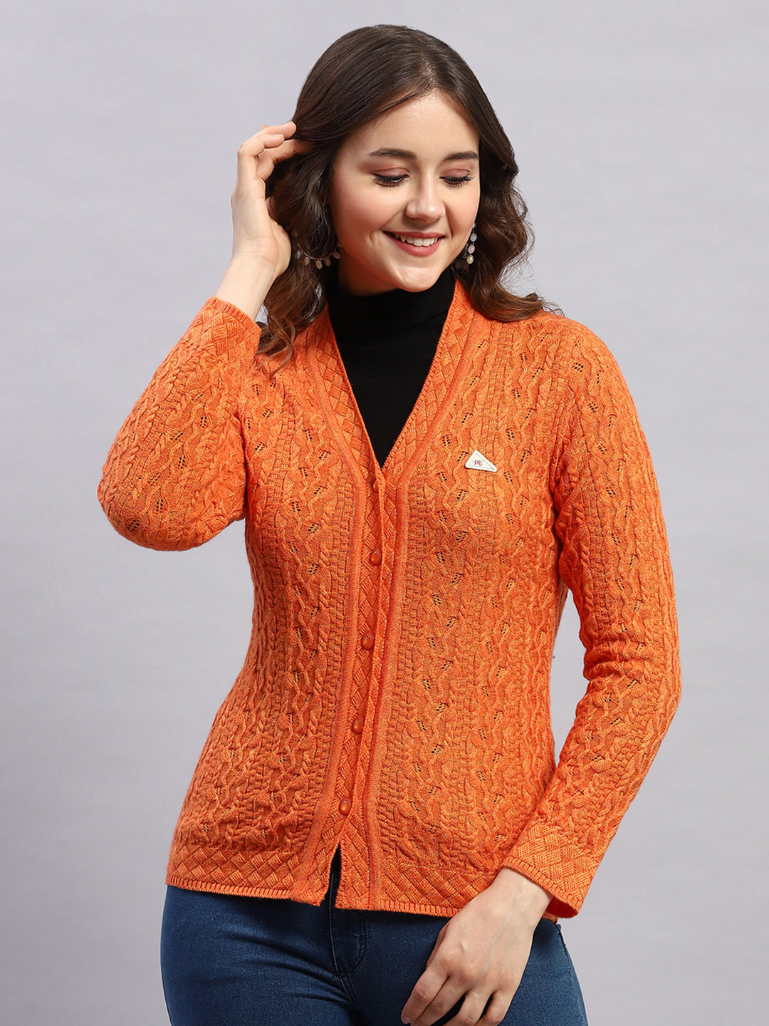 Women Orange Self Design V Neck Full Sleeve Cardigan