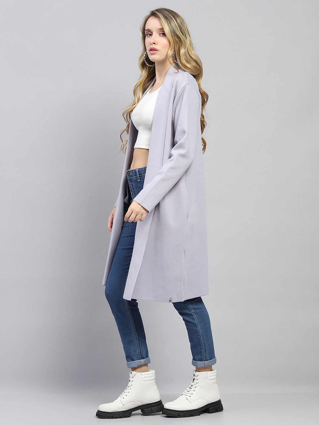 Women Grey Self Design Front Open Full Sleeve Cardigan