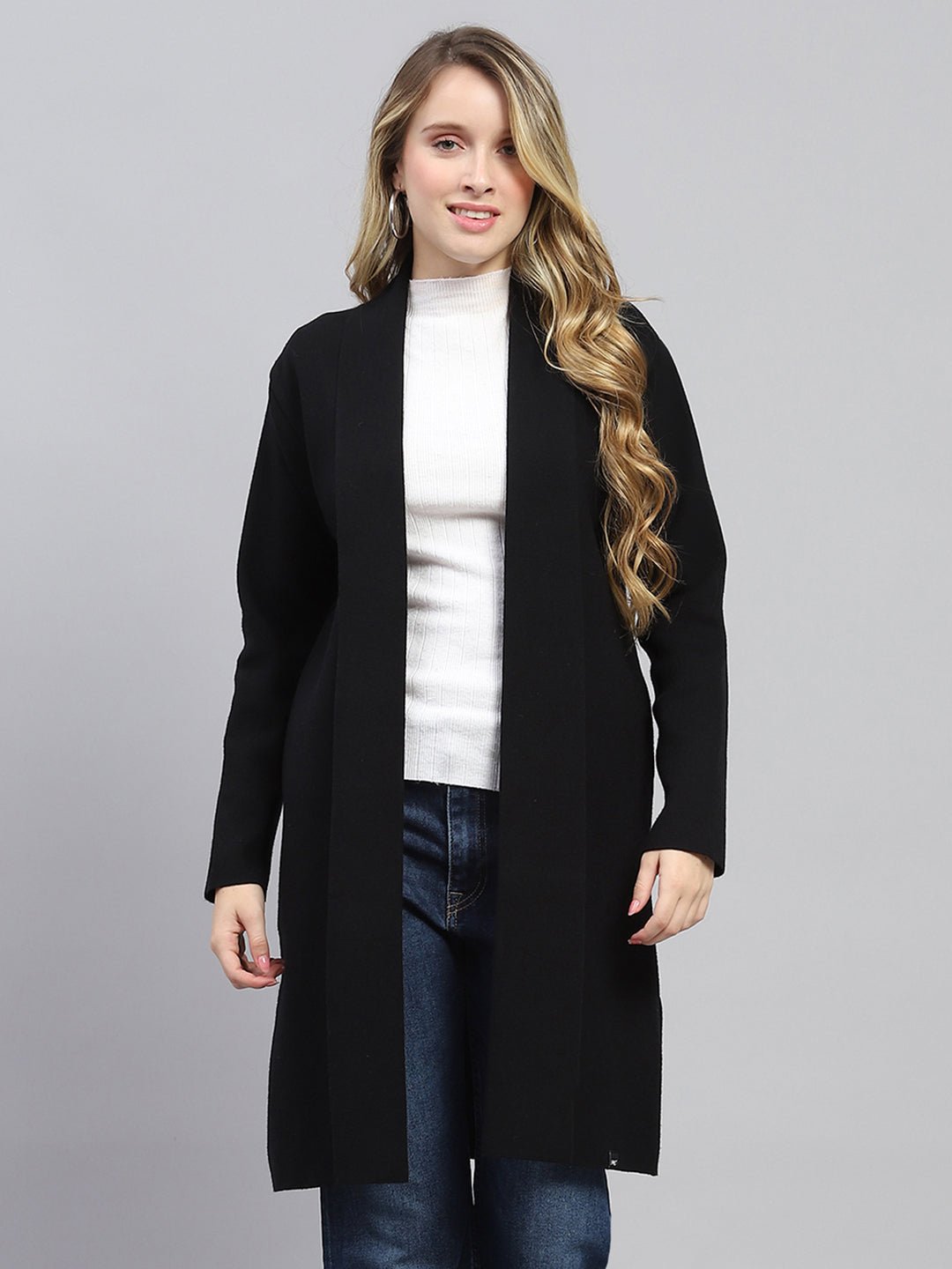 Women Black Self Design Front Open Full Sleeve Cardigan