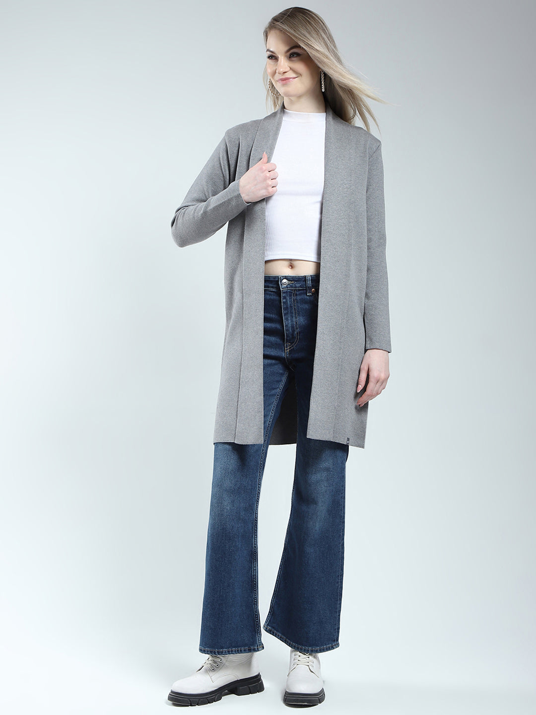 Women Grey Self Design Front Open Full Sleeve Cardigan