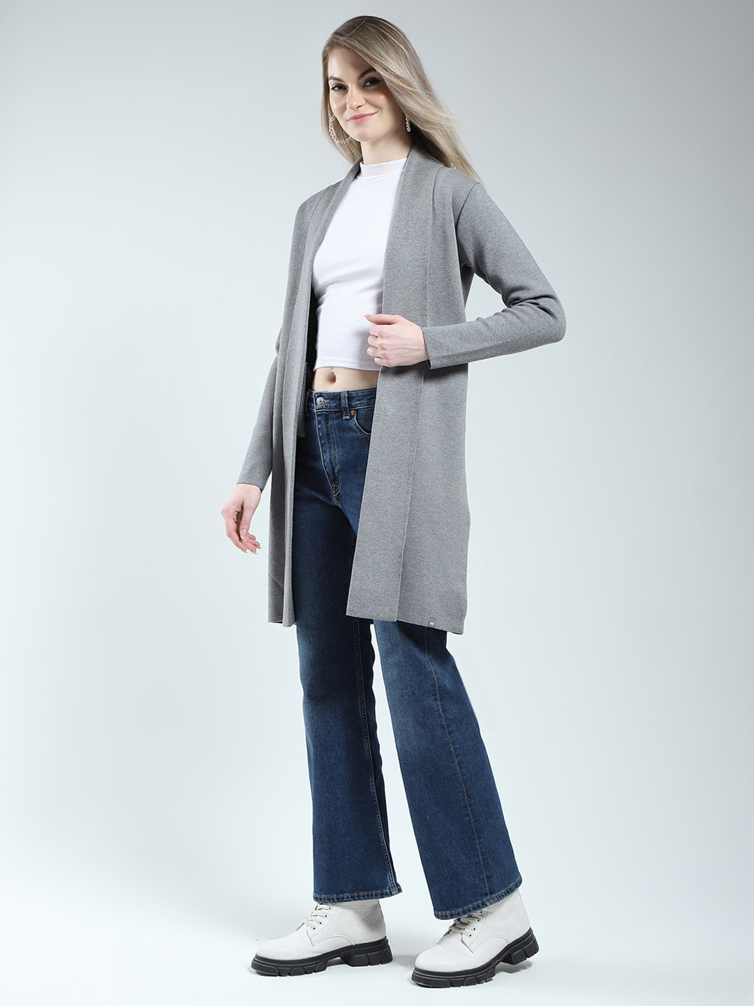 Women Grey Self Design Front Open Full Sleeve Cardigan