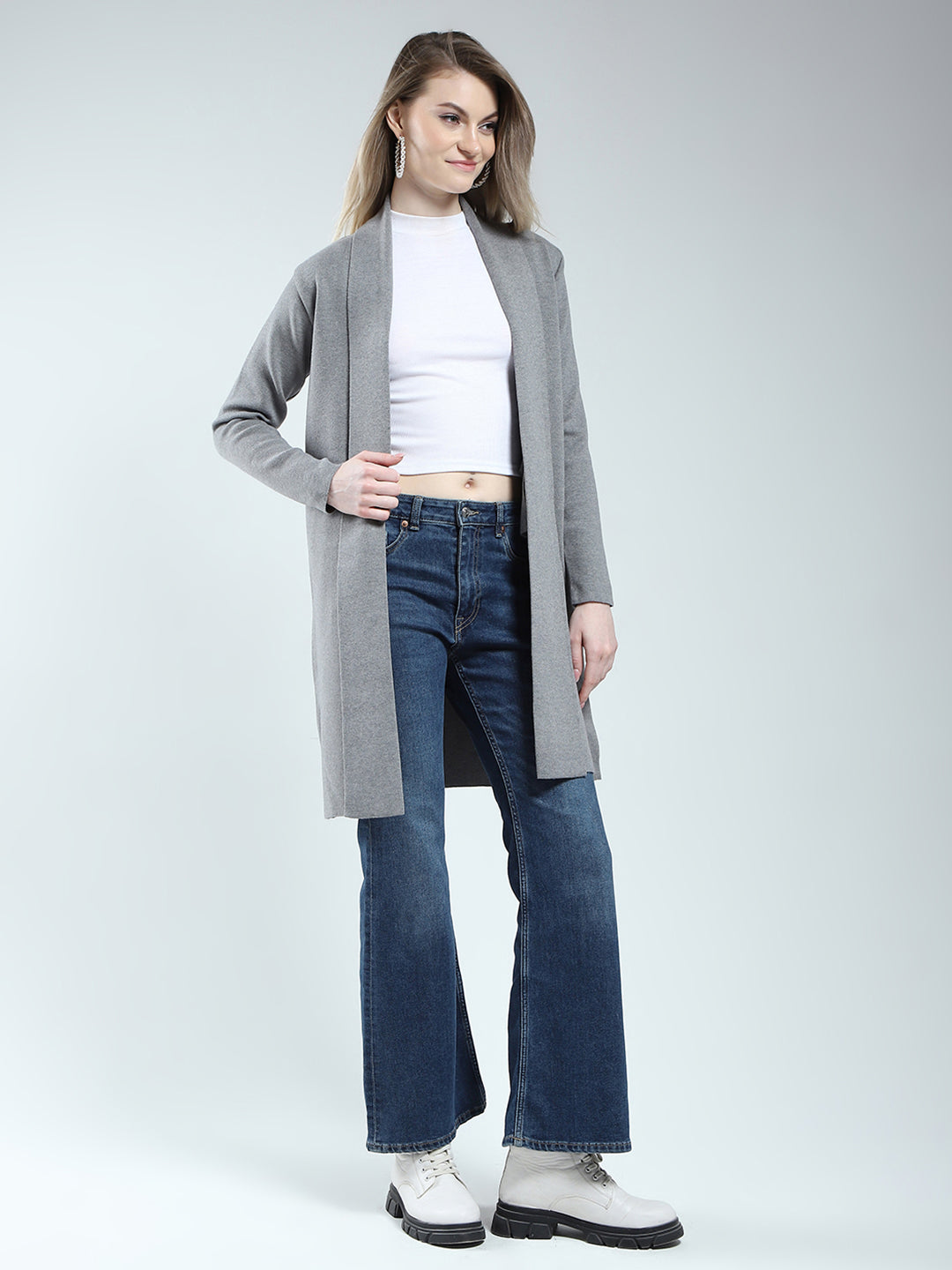 Women Grey Self Design Front Open Full Sleeve Cardigan