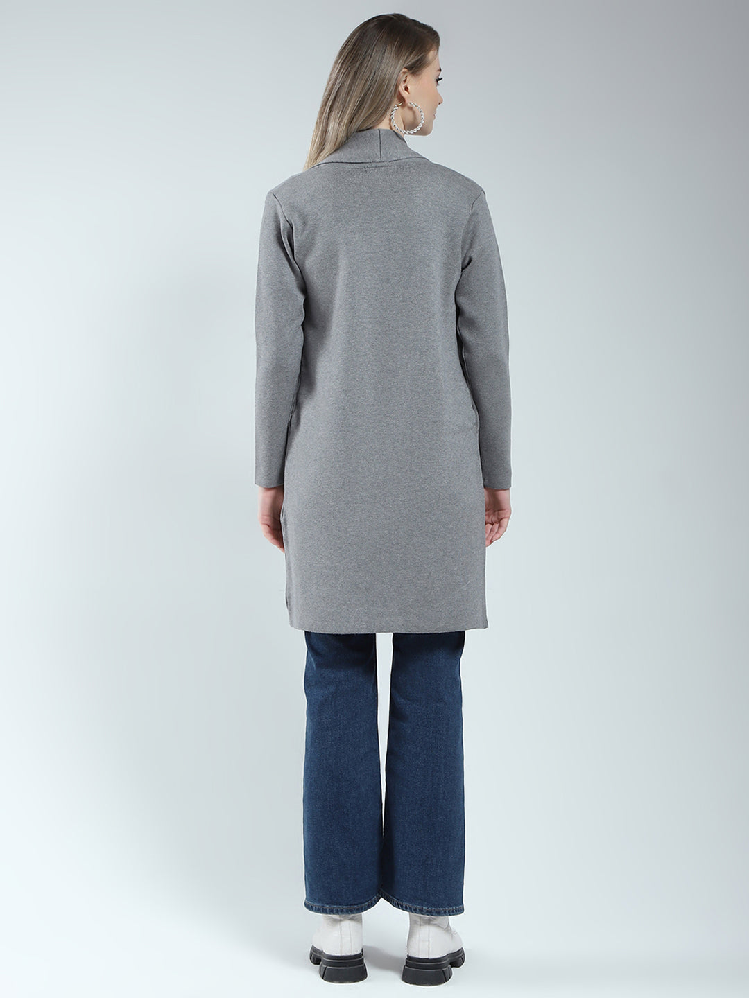 Women Grey Self Design Front Open Full Sleeve Cardigan