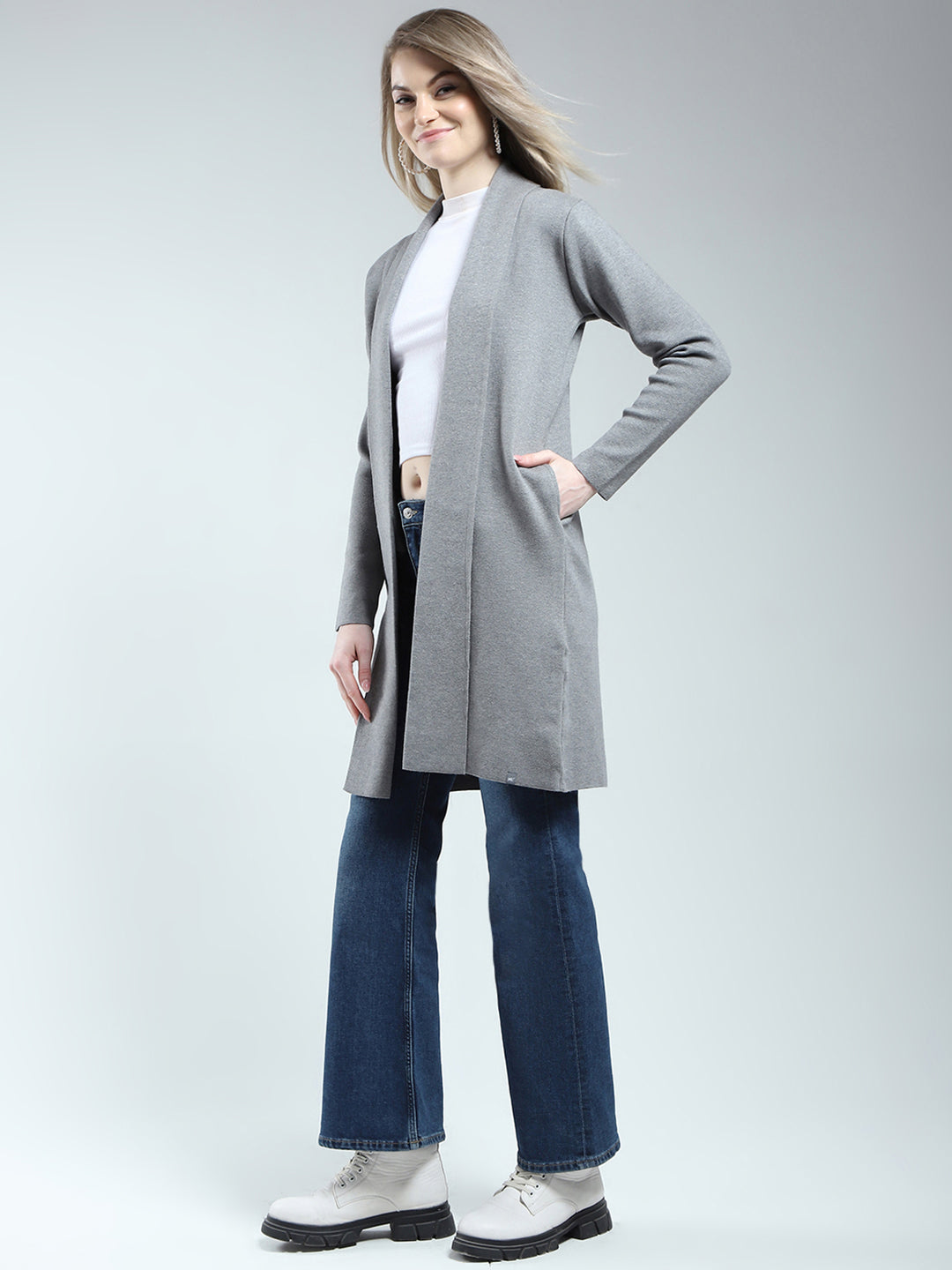 Women Grey Self Design Front Open Full Sleeve Cardigan