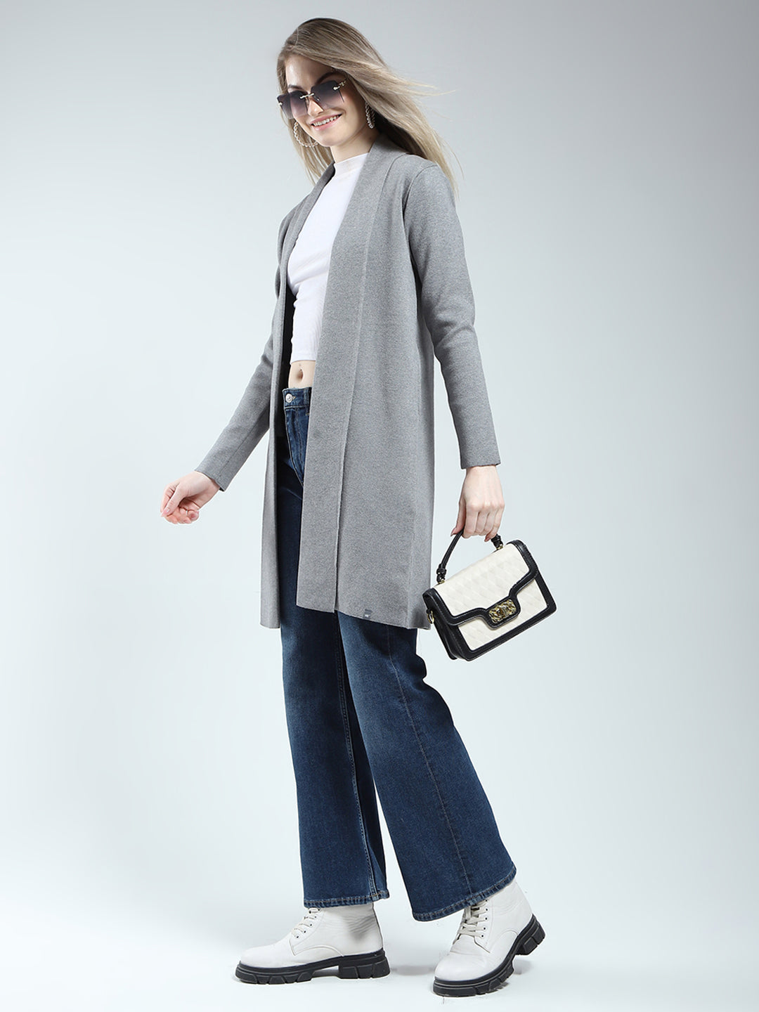 Women Grey Self Design Front Open Full Sleeve Cardigan