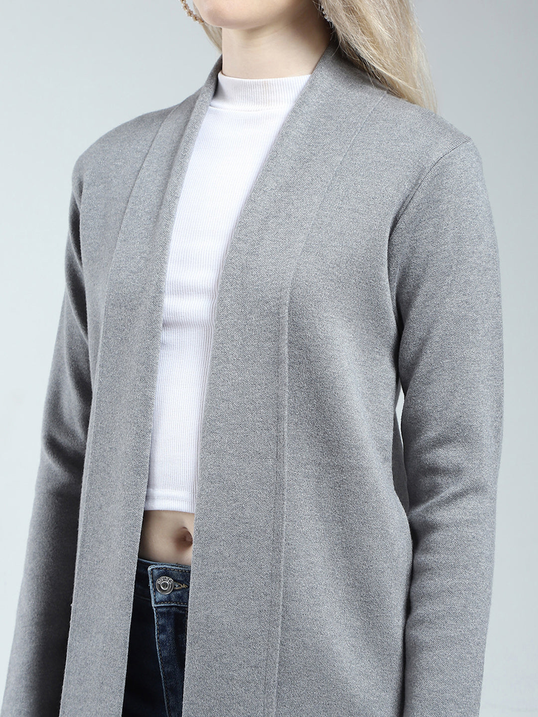 Women Grey Self Design Front Open Full Sleeve Cardigan
