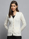 Women Off White Self Design V Neck Full Sleeve Cardigan