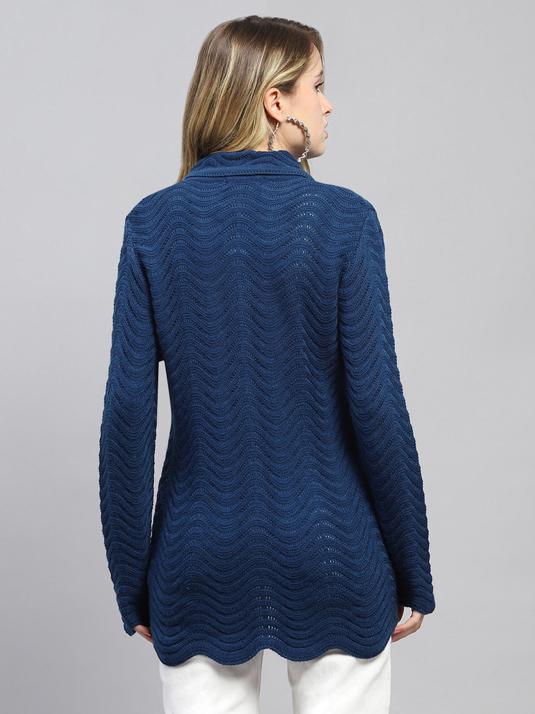 Women Blue Self Design Collar Full Sleeve Cardigan
