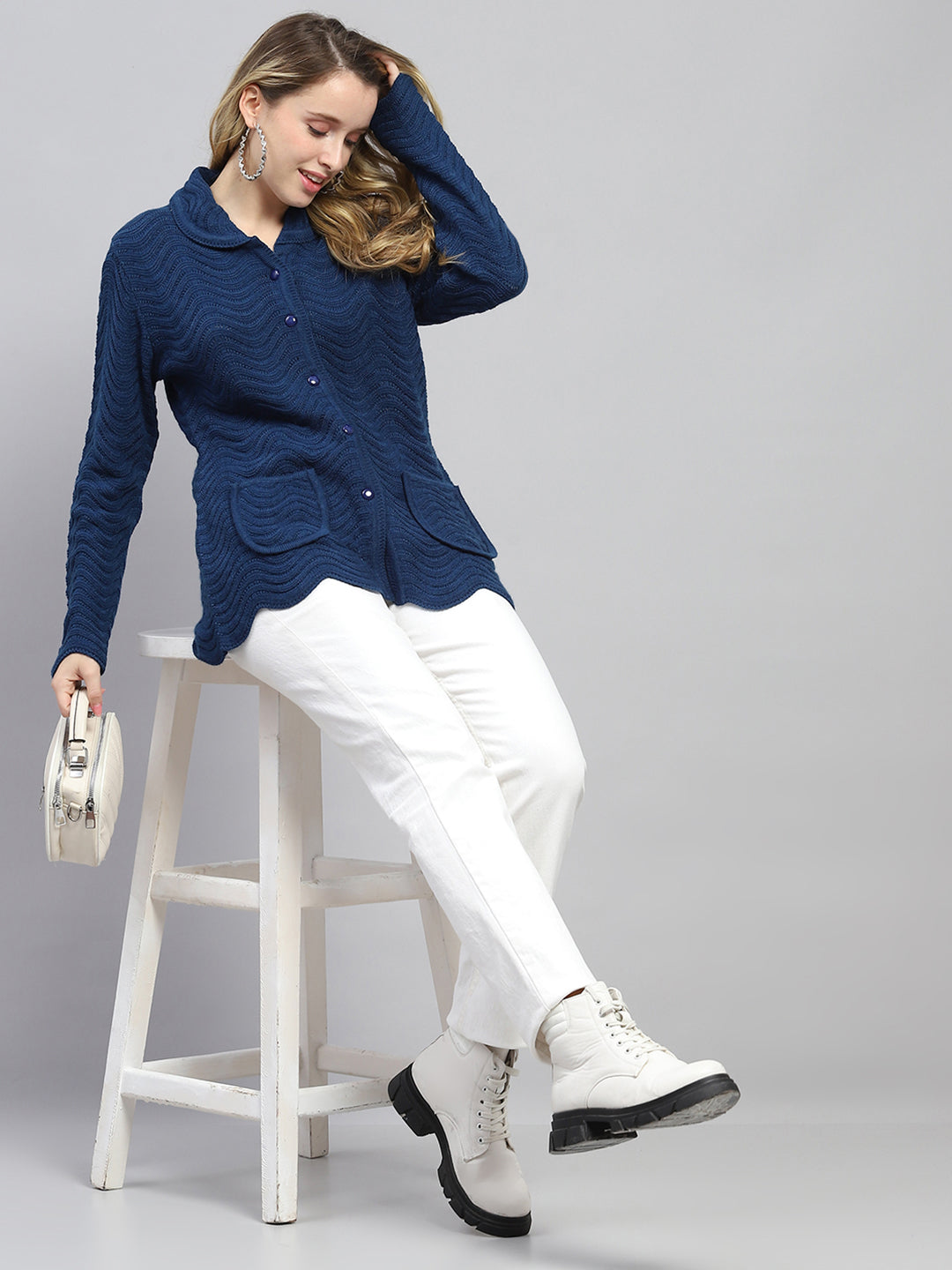 Women Blue Self Design Collar Full Sleeve Cardigan