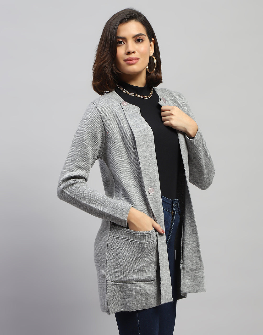 Women Grey Self Design Round Neck Full Sleeve Cardigan