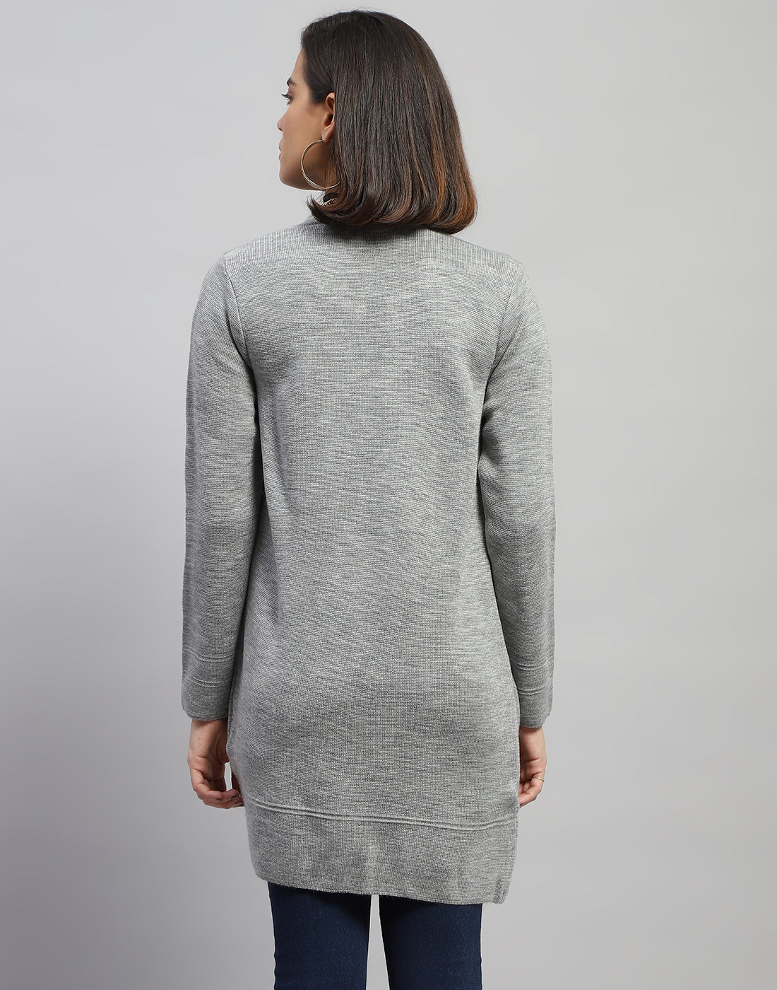 Women Grey Self Design Round Neck Full Sleeve Cardigan