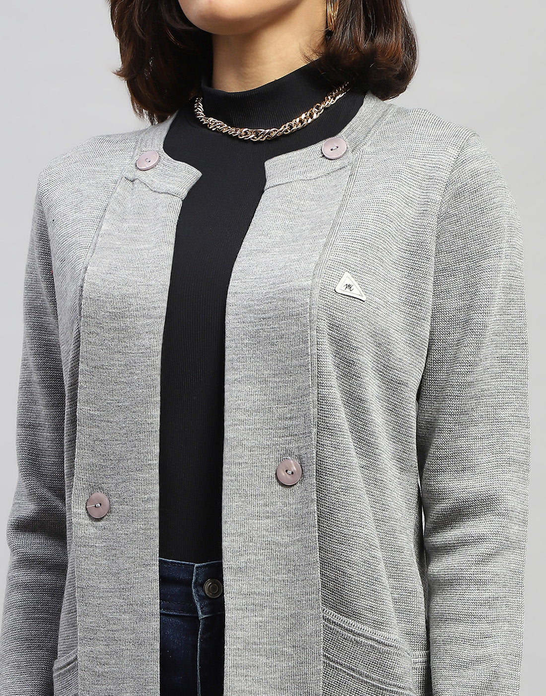 Women Grey Self Design Round Neck Full Sleeve Cardigan