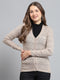 Women Beige Self Design V Neck Full Sleeve Cardigan
