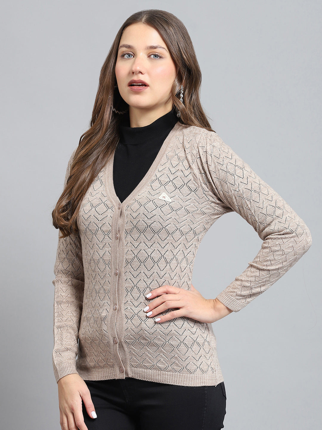 Women Beige Self Design V Neck Full Sleeve Cardigan