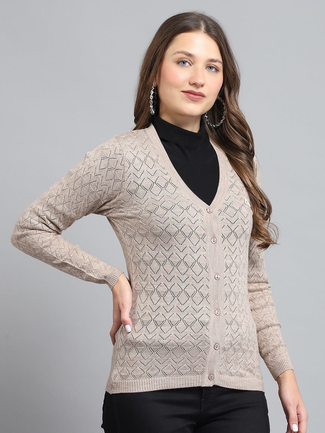 Women Beige Self Design V Neck Full Sleeve Cardigan