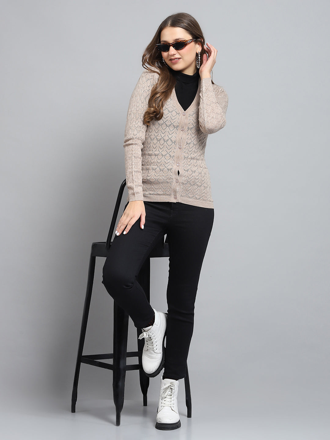 Women Beige Self Design V Neck Full Sleeve Cardigan
