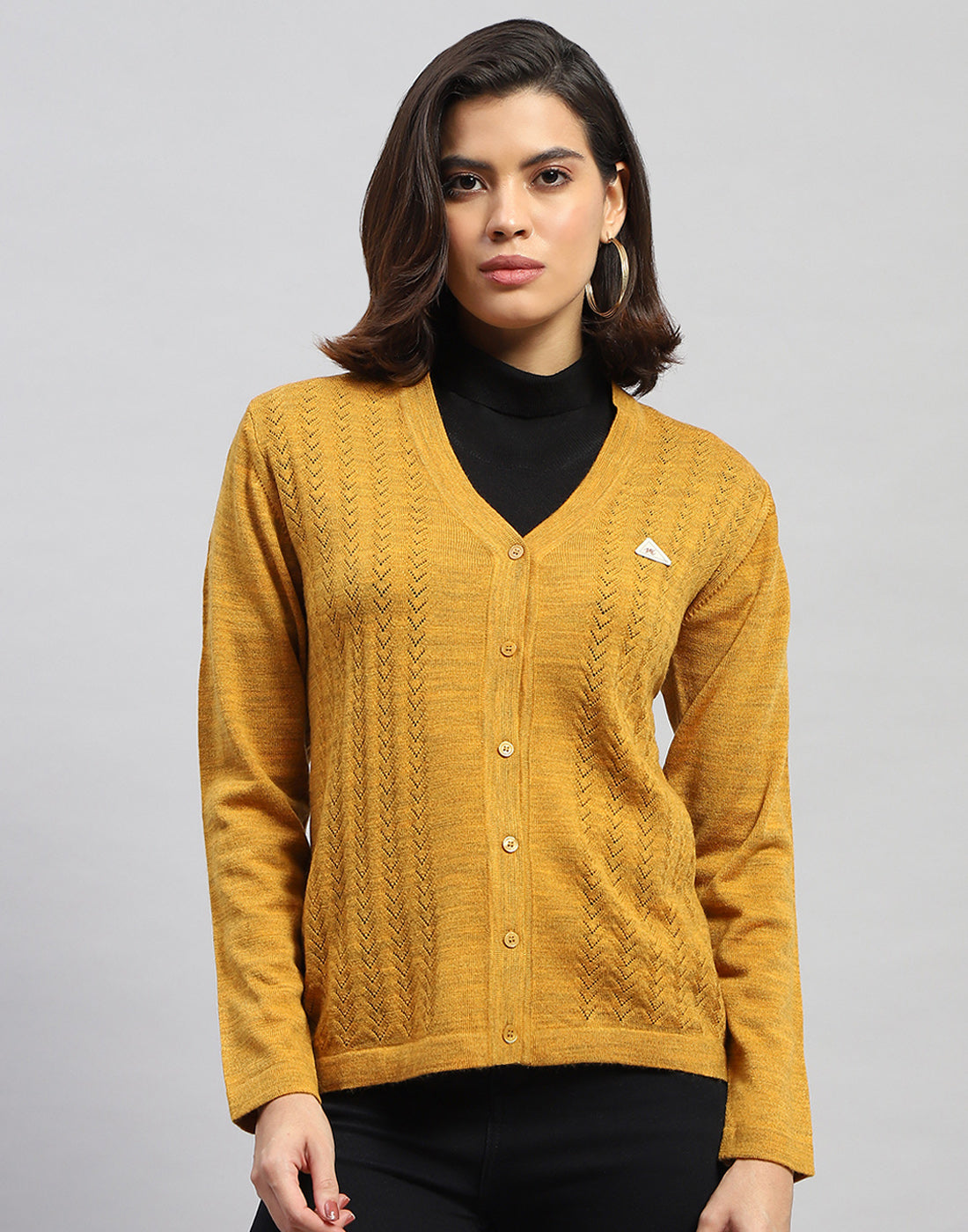 Women Yellow Self Design V Neck Full Sleeve Cardigan