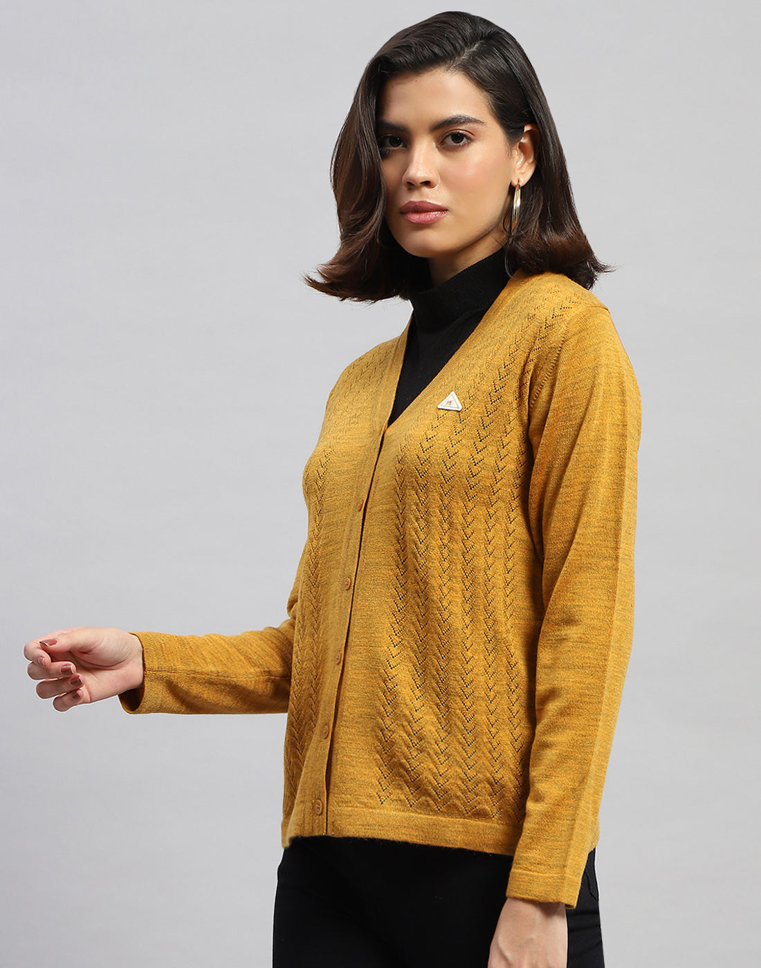 Women Yellow Self Design V Neck Full Sleeve Cardigan