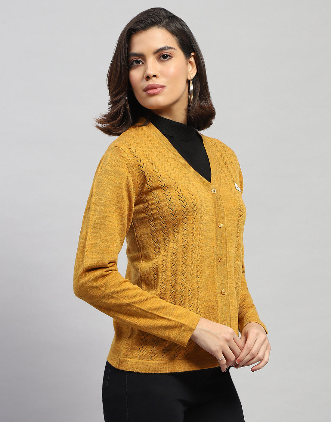 Women Yellow Self Design V Neck Full Sleeve Cardigan