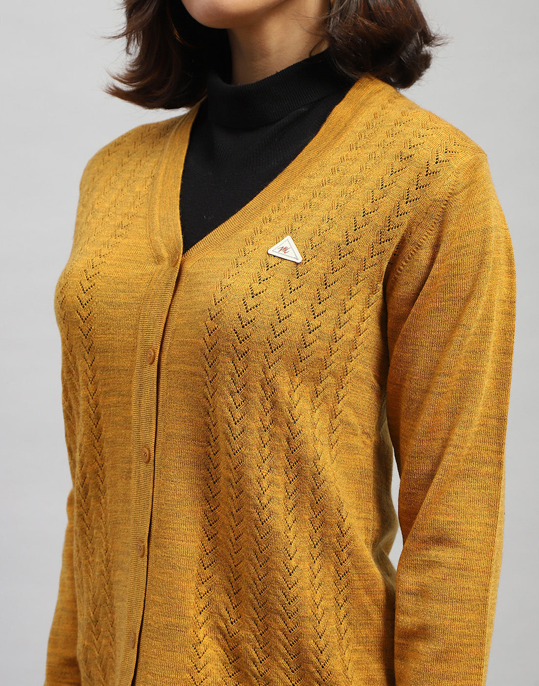 Women Yellow Self Design V Neck Full Sleeve Cardigan