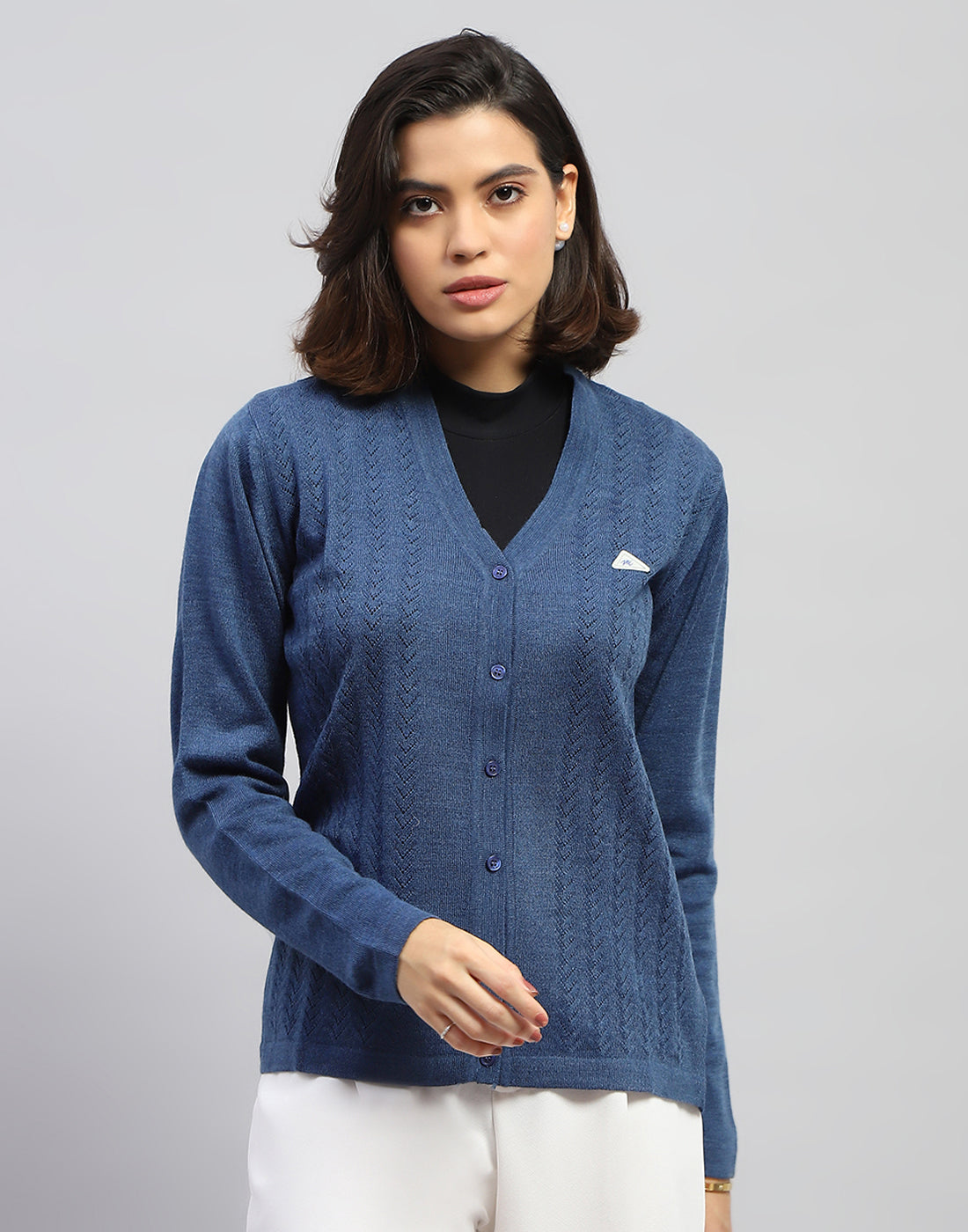Women Blue Self Design V Neck Full Sleeve Cardigan