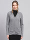 Women Grey Self Design V Neck Full Sleeve Cardigan