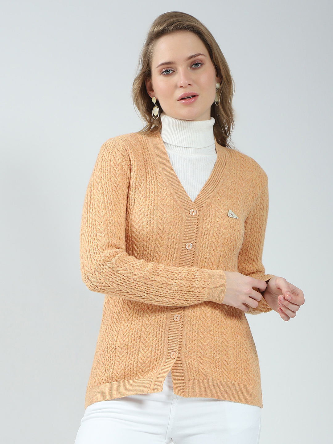 Women Orange Self Design V Neck Full Sleeve Cardigan