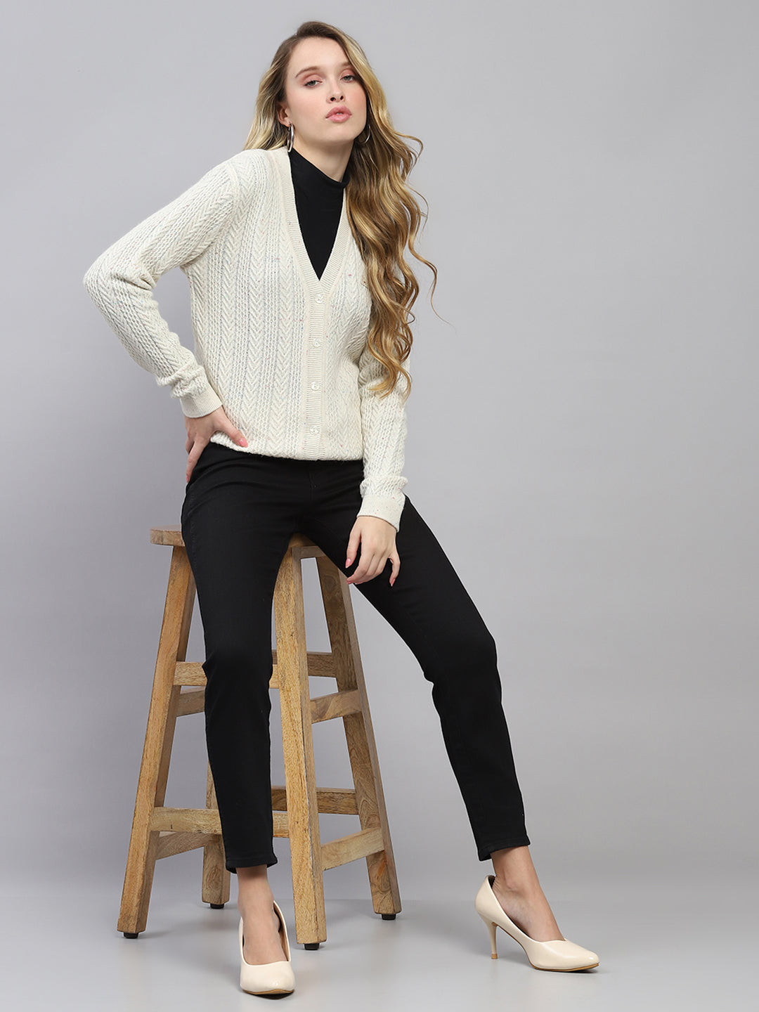 Women Off White Self Design V Neck Full Sleeve Cardigan