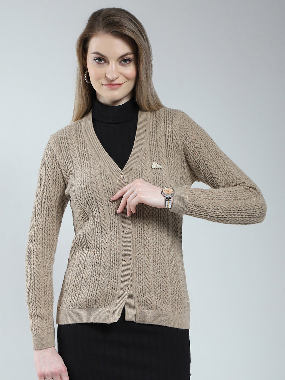 Women Brown Self Design V Neck Full Sleeve Cardigan