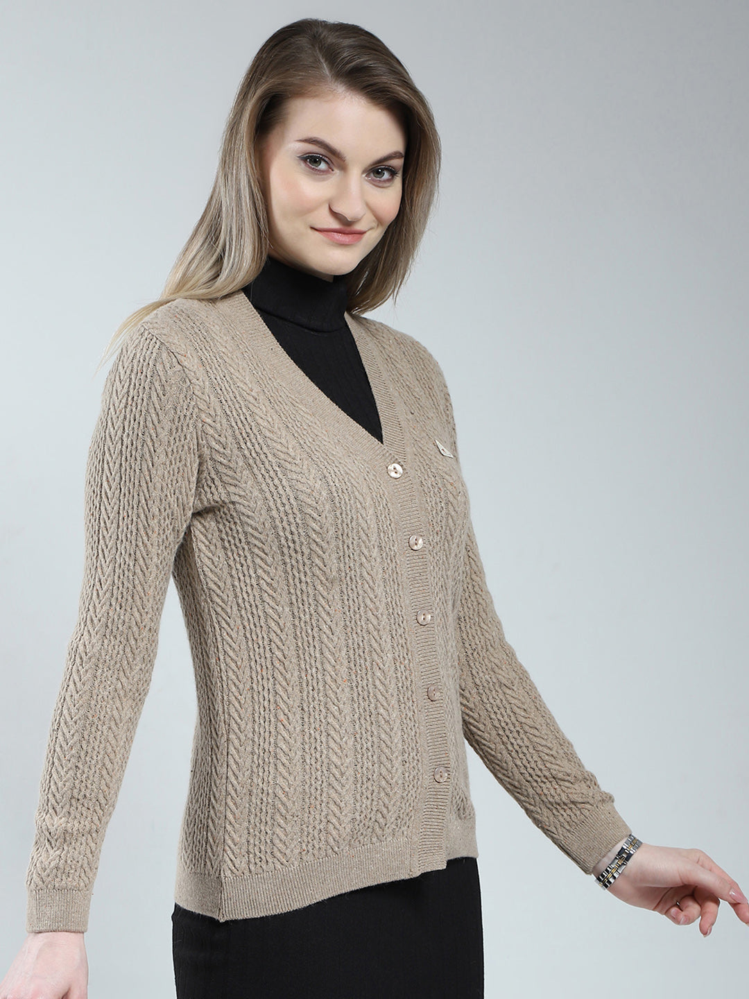 Women Brown Self Design V Neck Full Sleeve Cardigan