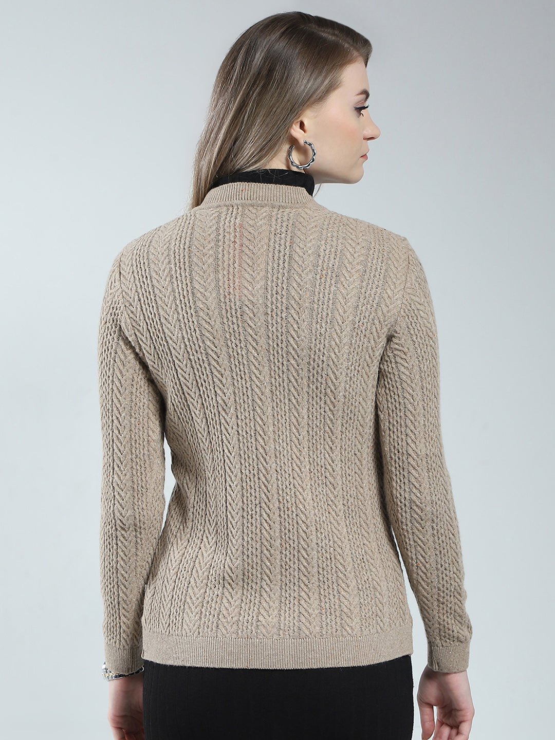 Women Brown Self Design V Neck Full Sleeve Cardigan
