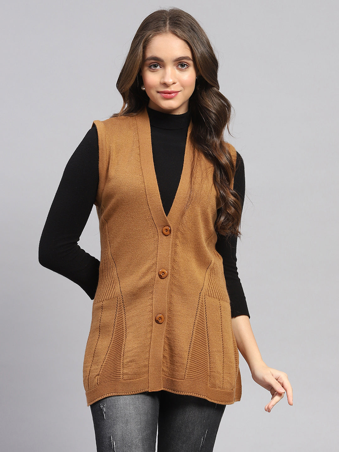 Women Mustard Self Design V Neck Full Sleeve Cardigan
